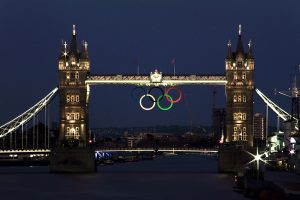 London, United Kingdom (UK) - August 10, 2012: Night view of the London Bridge with the rings on it during the Olyimpic Games